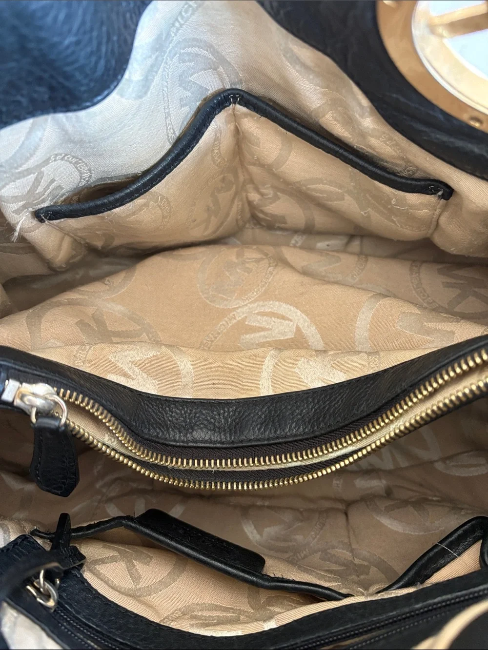 Michael Kors Black Pebbled Leather Tote with Gold MK Logo Charm